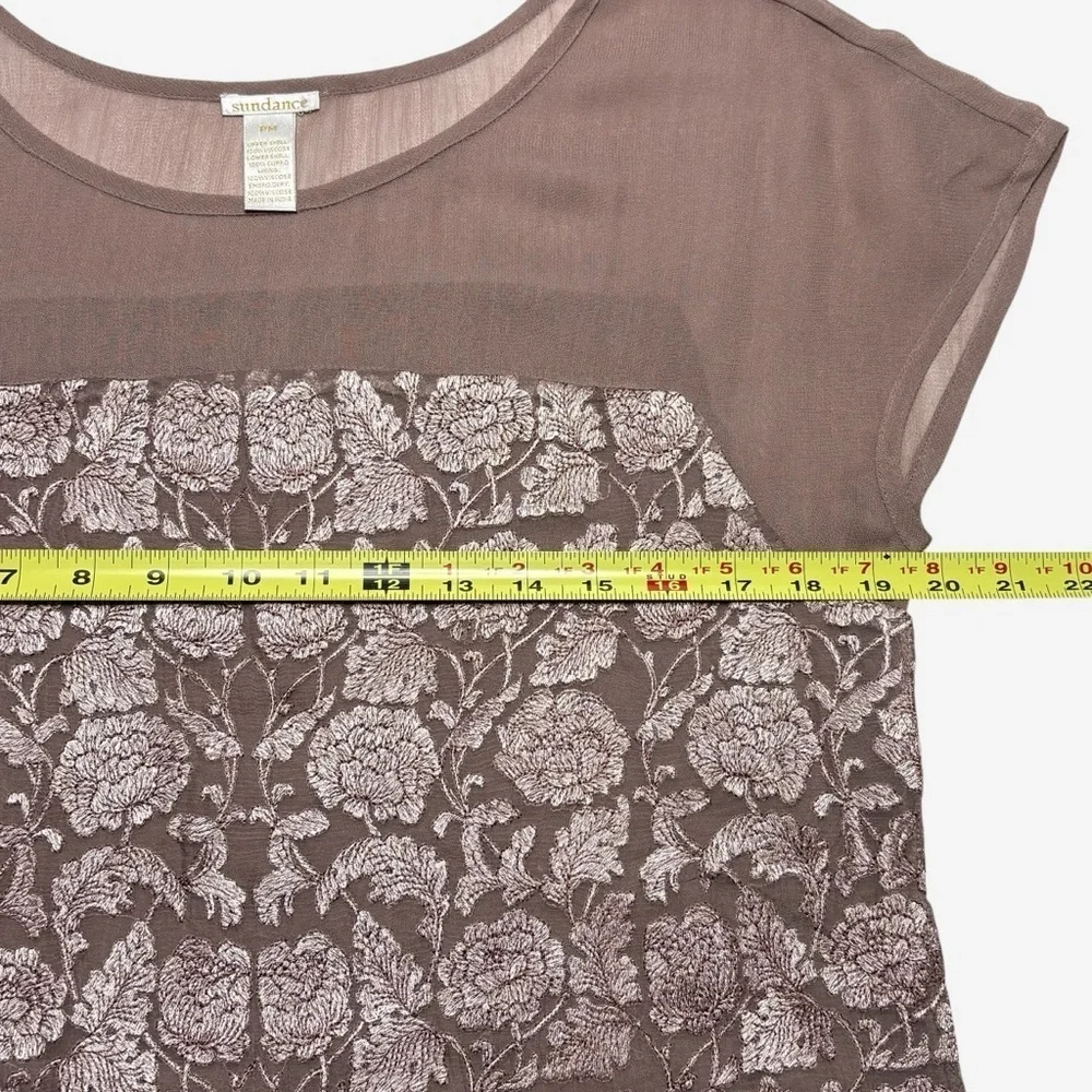 Sundance Angelica Dress Size PM Petite Medium Embroidered Overlay Lined Taupe